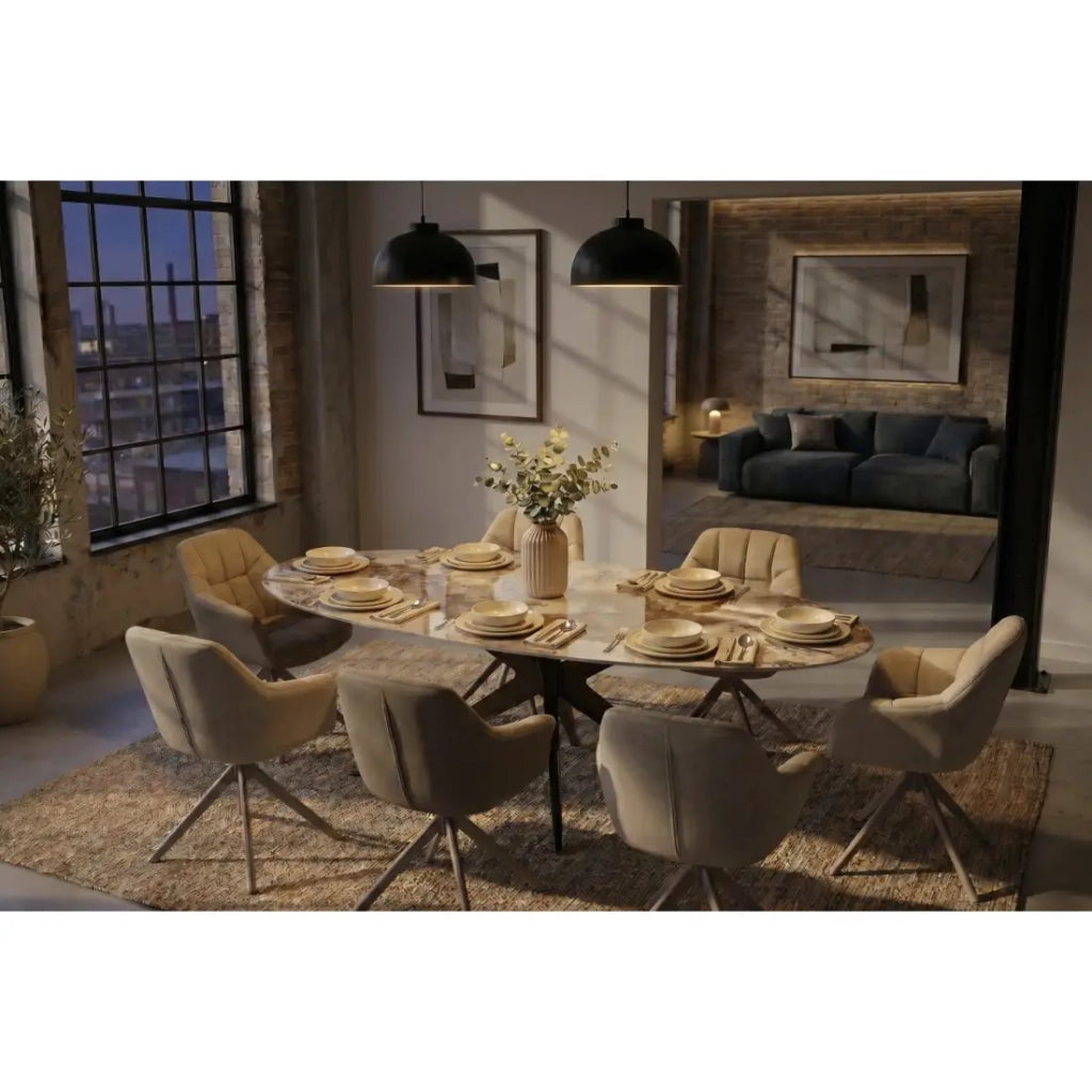 Tavolo da pranzo AVELIS ovale 220 cm in ceramica effetto marmo bianco e metallo bronzo