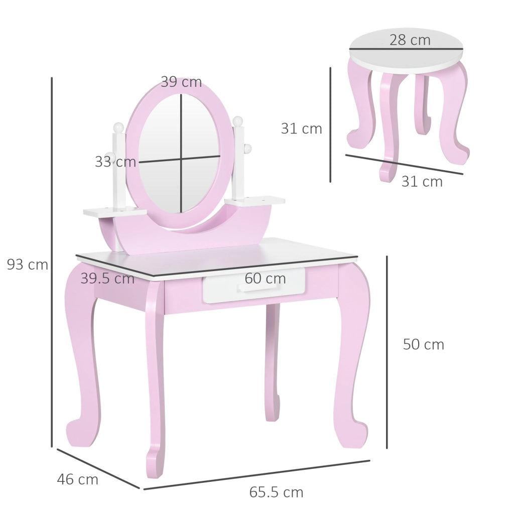 Specchiera Giocattolo per Bambine Tavolo Trucco con Specchio e Sgabello Rosa