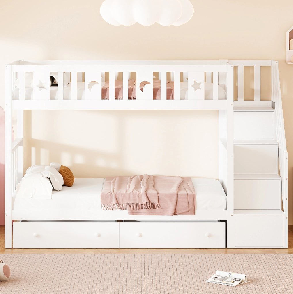 Letto a castello 90x200 cm in legno con scala contenitore e 2 cassetti