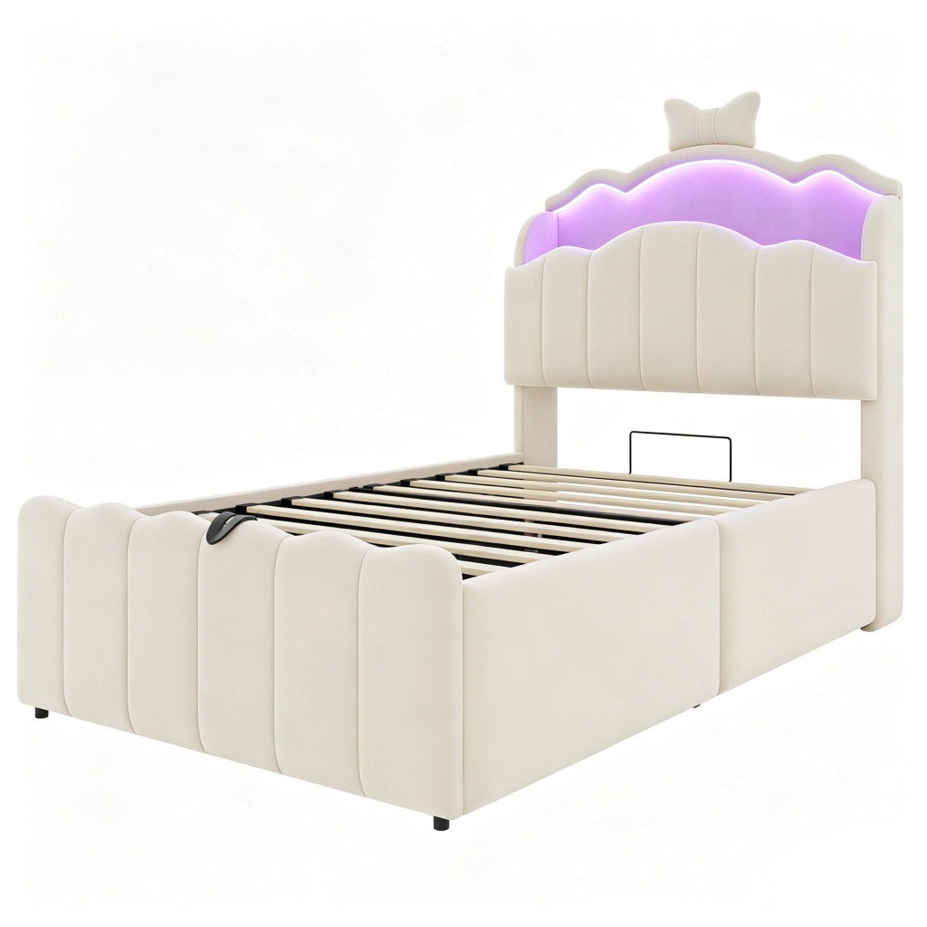 Letto per bambini 90 × 200 cm con contenitore idraulico, LED a colori, USB e USB-C, senza materasso, beige