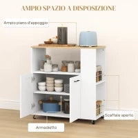 Carrello Cucina in Legno con Ripiano Aperto, Armadietto e Scaffale Laterale, 75x40x80.5 cm, color Rovere e Bianco