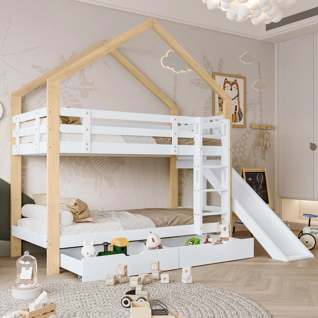 Letto a castello con scivolo e scala - Zephmum- 90x200 cm, Bianco+Naturale, 2 cassetti, sicurezza