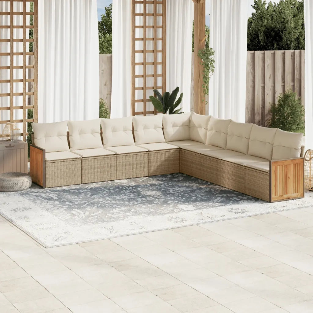 Set Divano da Giardino 9 pz con Cuscini Beige in Polyrattan