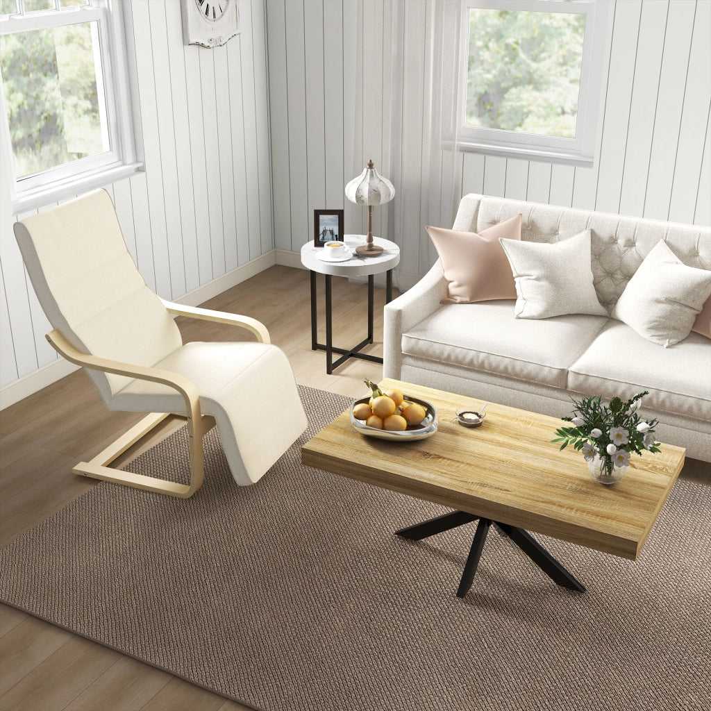 Poltrona Relax con Poggiapiedi Regolabile in 5 Posizioni Seduta Ampia in Betulla e Poliestere Bianco Crema 66;5 × 94 × 100 cm