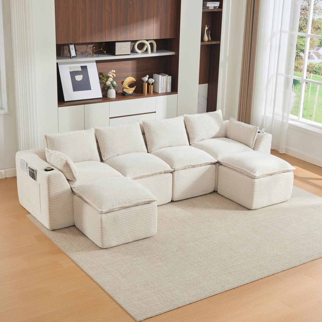 Divano modulare 4 posti - con tasche laterali e cuscini - in velluto a coste beige