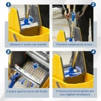 Carrello Pulizie con Strizzatore, Secchio 25L e Ripiano in Plastica, in PP e Metallo, 72x49.5x95 cm, Blu e Giallo
