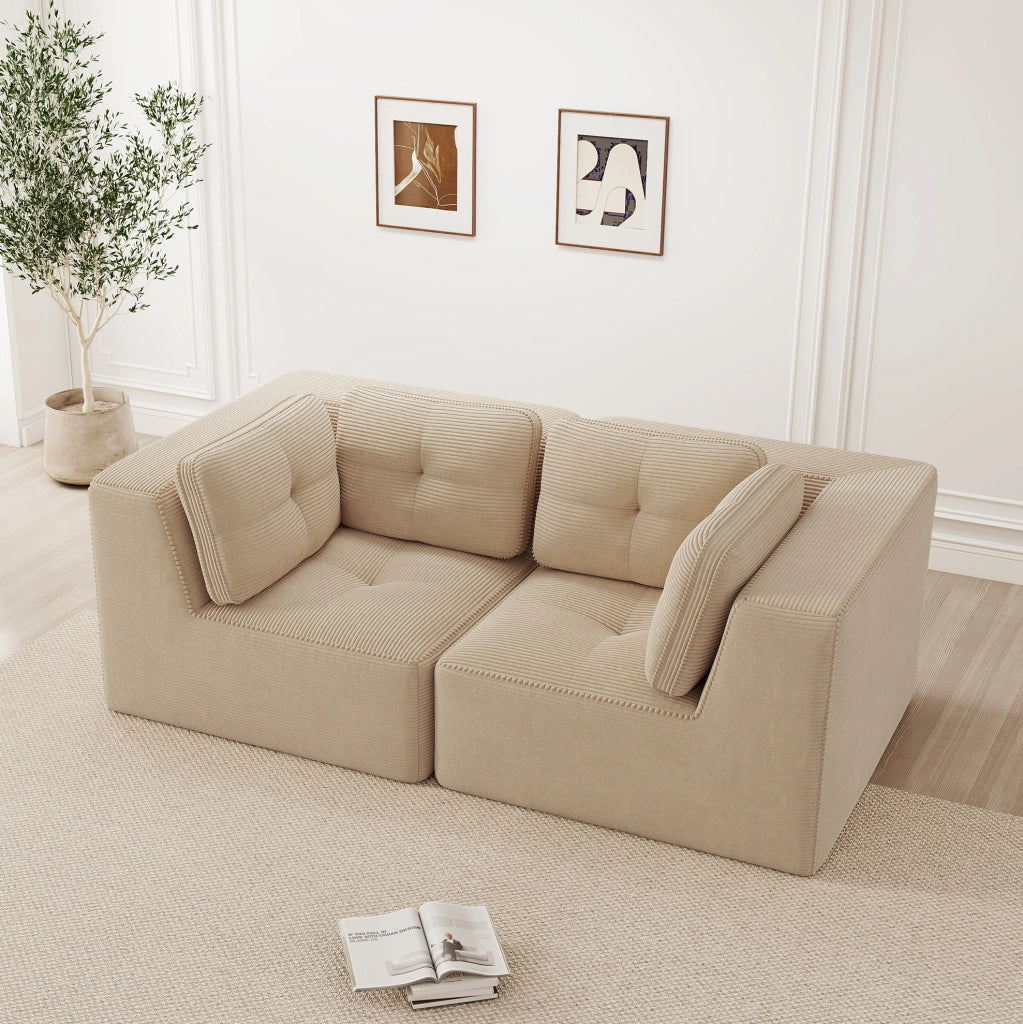 Divano angolare modulare 208x104x69 cm in corduroy beige; senza struttura rigida