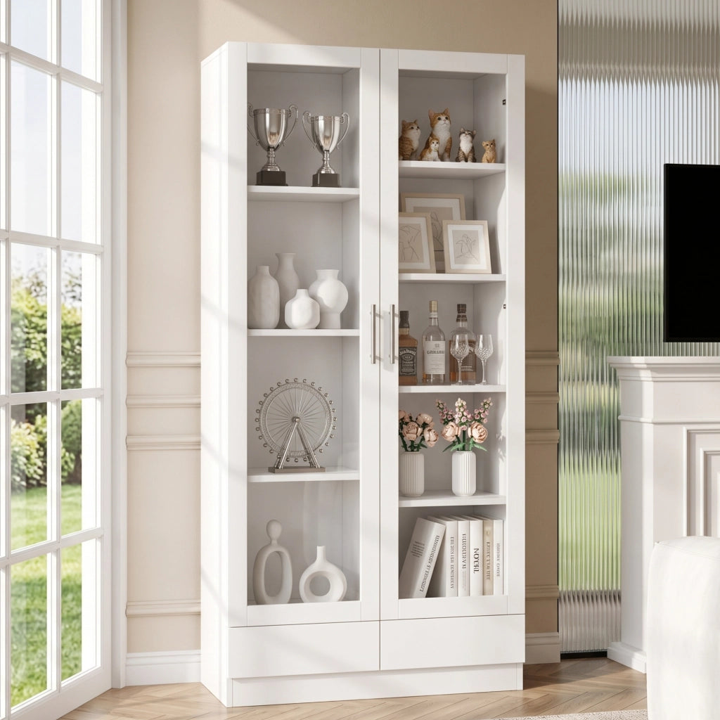 Vetrina con ante in vetro e 2 cassetti, 9 vani e ripiani, per soggiorno e ufficio, bianco, 80 × 40 × 160 cm