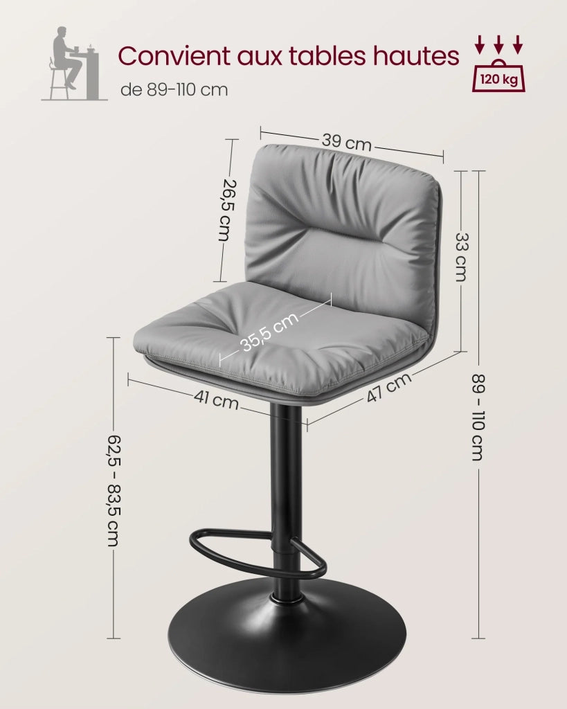Set di 2 sgabelli da bar seduta in PU regolabile in altezza girevole a 360° sedia da cucina con schienale e poggiapiedi grigio 12_0007708