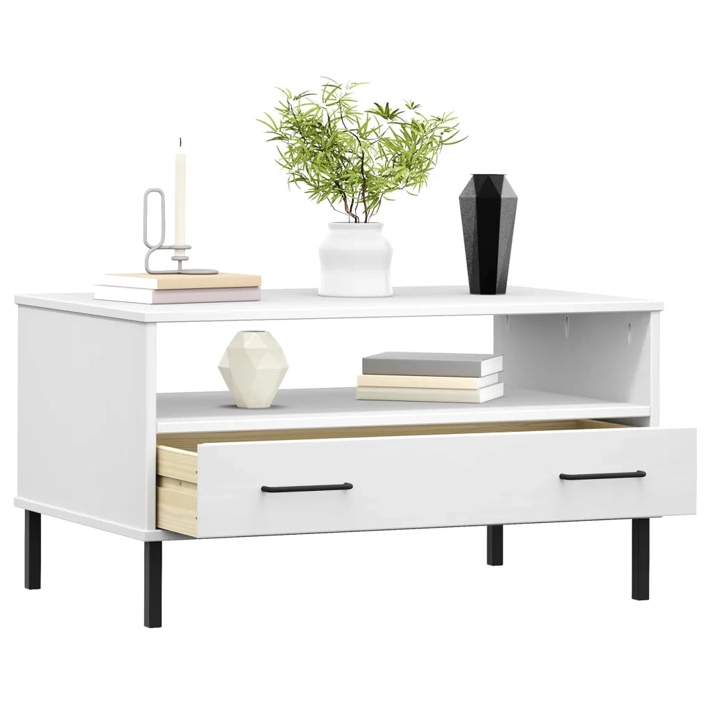 Tavolino da salotto | Tavolino da caff¨¨ | Tavolino da Soggiorno Gambe Metallo Bianco 85x50x45 cm Legno Massello OSLO