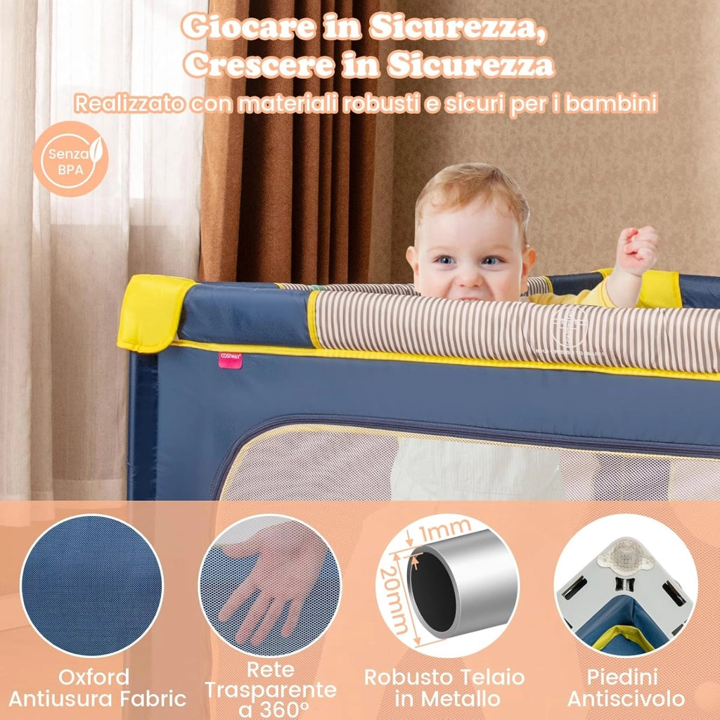 Box per Bambini 150 x 150 cm, Recinto per Neonati Pieghevole in Tessuto Oxford con Rete Traspirante, Centro Attività con 50 Palline, 4 Pezzi Anelli e Borsa (Blu, 150 x 150 cm)