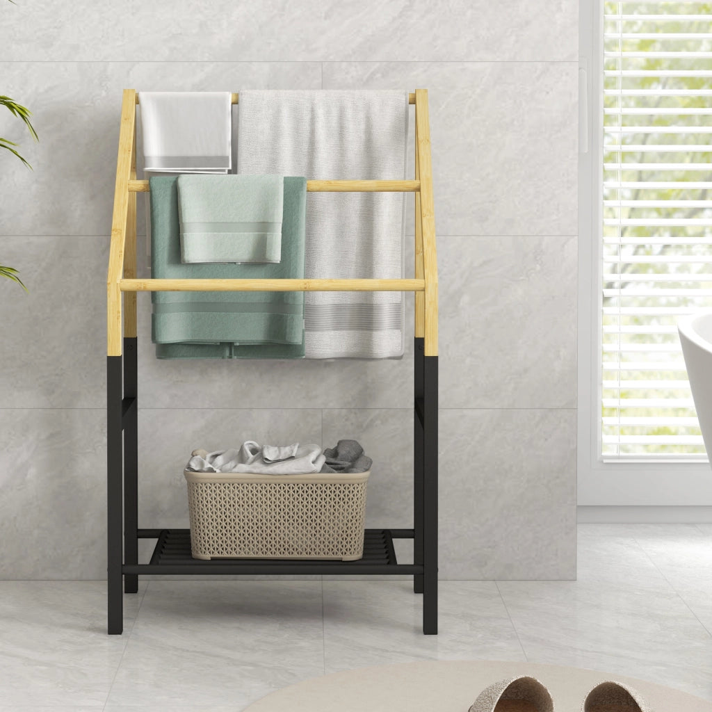 Portasciugamani a Terra con Ripiano ¨C Zephmum ¨C Nero e Legno 51x31x85.5 cm