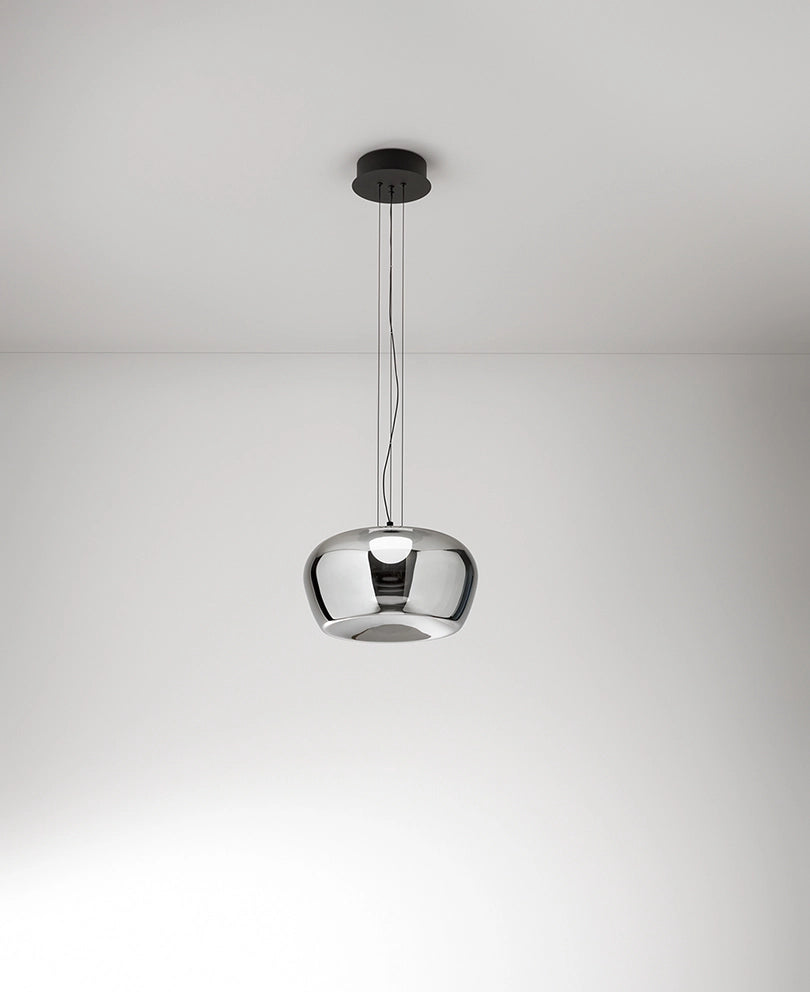 Lampada a Sospensione LED 20W in Vetro Specchiato Fumè e Struttura Nero Opaco D.38cm - Design Moderno ed Elegante per Interni - Perenz