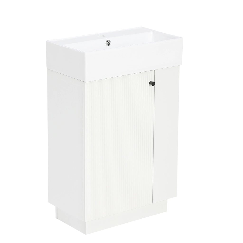 Mobile lavabo da bagno 55 cm freestanding con lavandino in ceramica, porta soft-close e porta carta igienica rimovibile, bianco