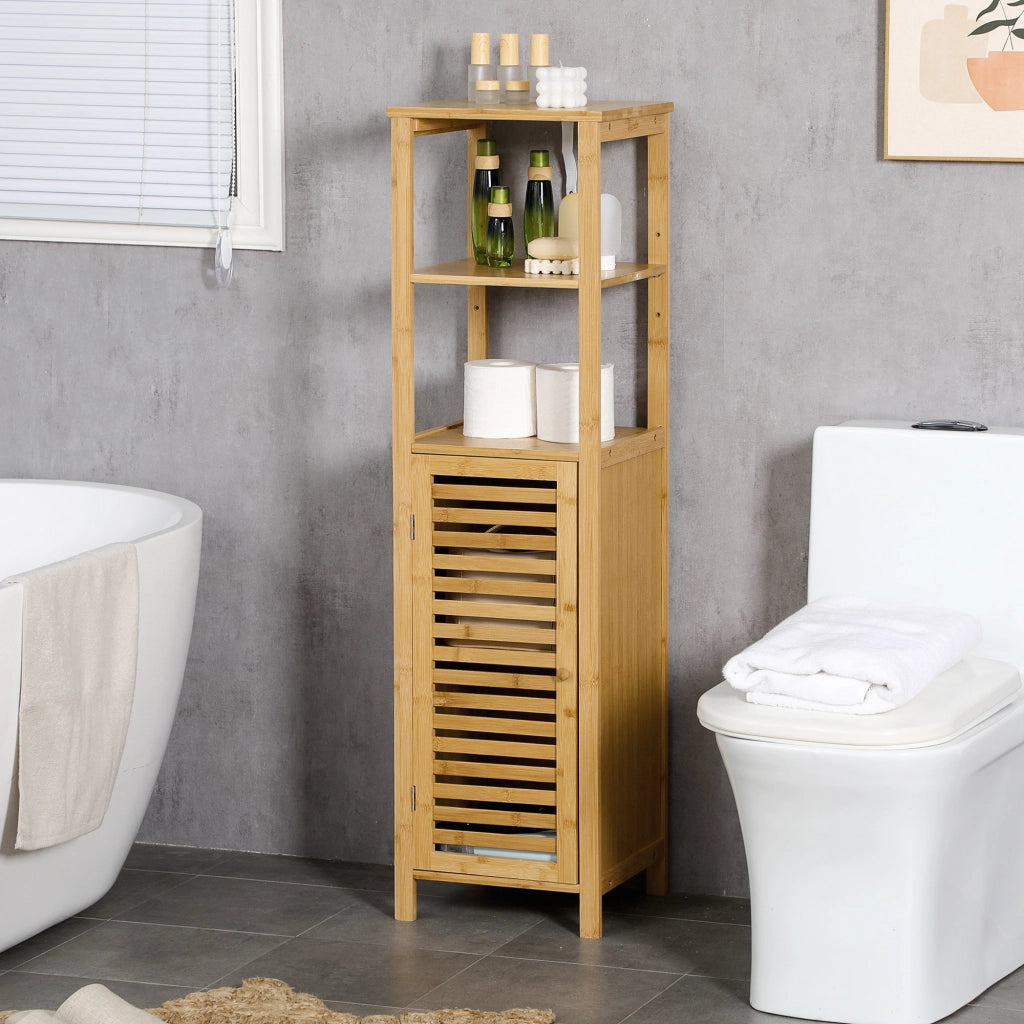 Mobile bagno in bambù con 2 ripiani aperti e armadietto, altezza 120 cm, colore legno naturale