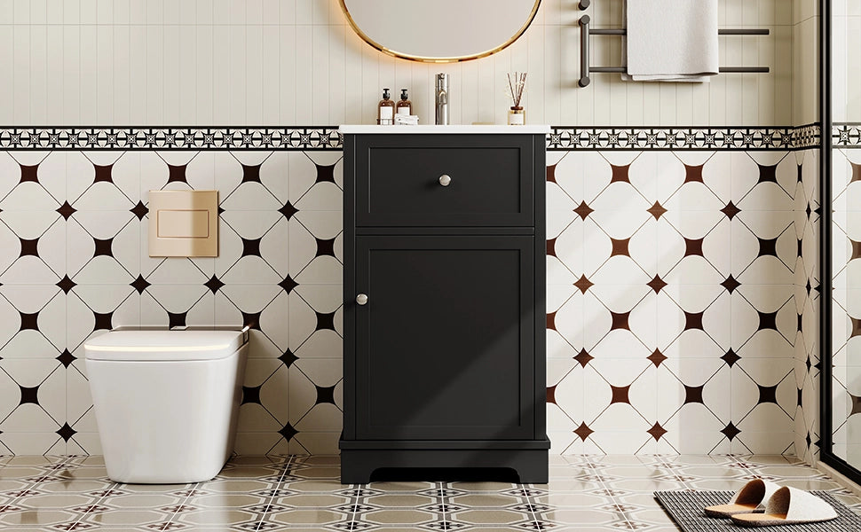 Mobile sottolavabo con lavabo integrato 1 cassetto 1 anta e ripiano regolabile in ceramica e MDF nero 51 × 46 × 87 cm