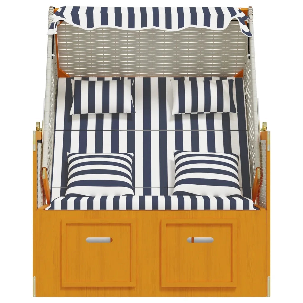 Strandkorb con Cuscini Polyrattan e Legno Massello Bianco e Blu