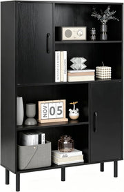 Libreria in Legno a 4 Livelli, Mobile da Cucina 84 X 24 X 119,5 CM con 2 Ant e 4 Ripiani Aperti, Credenza Buffet con Dispositivo Anti-Ribaltamento per per Soggiorno, Cucina, Studio (Nero)
