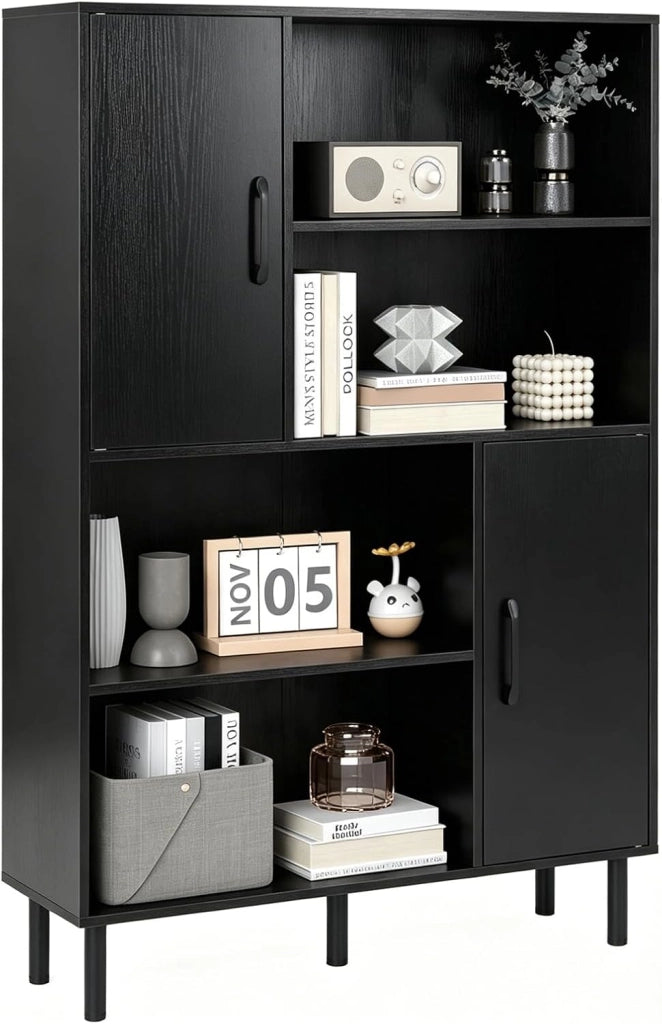 Libreria in Legno a 4 Livelli, Mobile da Cucina 84 X 24 X 119,5 CM con 2 Ant e 4 Ripiani Aperti, Credenza Buffet con Dispositivo Anti-Ribaltamento per per Soggiorno, Cucina, Studio (Nero)