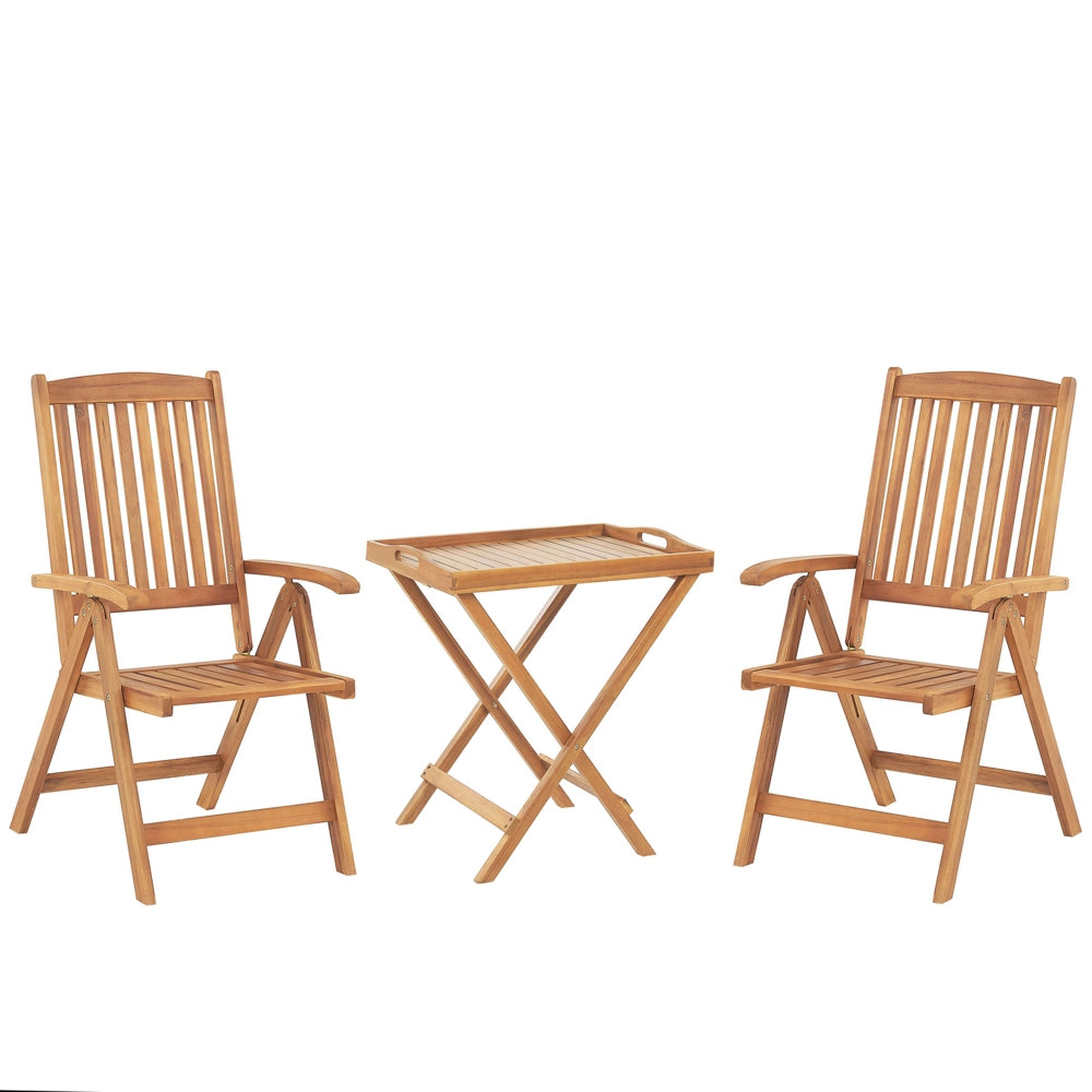 Set da bistrot da giardino Tavolo in legno di acacia chiaro 2 sedie Vassoio piano pieghevole resistente ai raggi UV