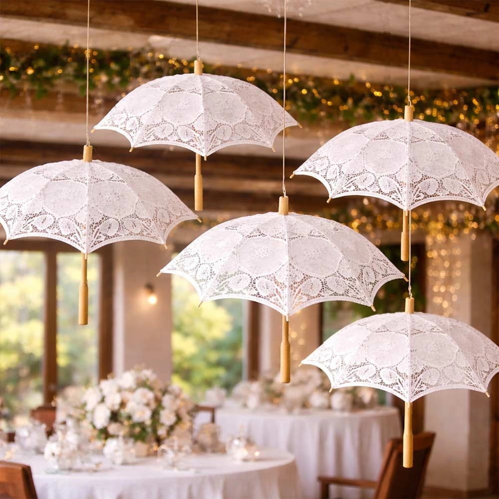 5 Mini-Ombrelli Wedding in Legno con Pizzo Bianco Ricamato 53 x h 60 cm