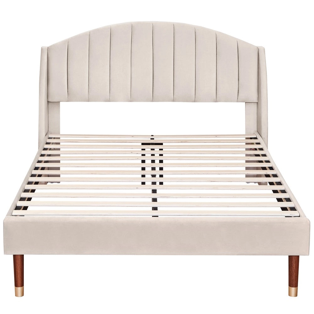 Letto imbottito con rete a doghe e testiera ¨C Minimal ¨C Beige velluto 140x200 cm