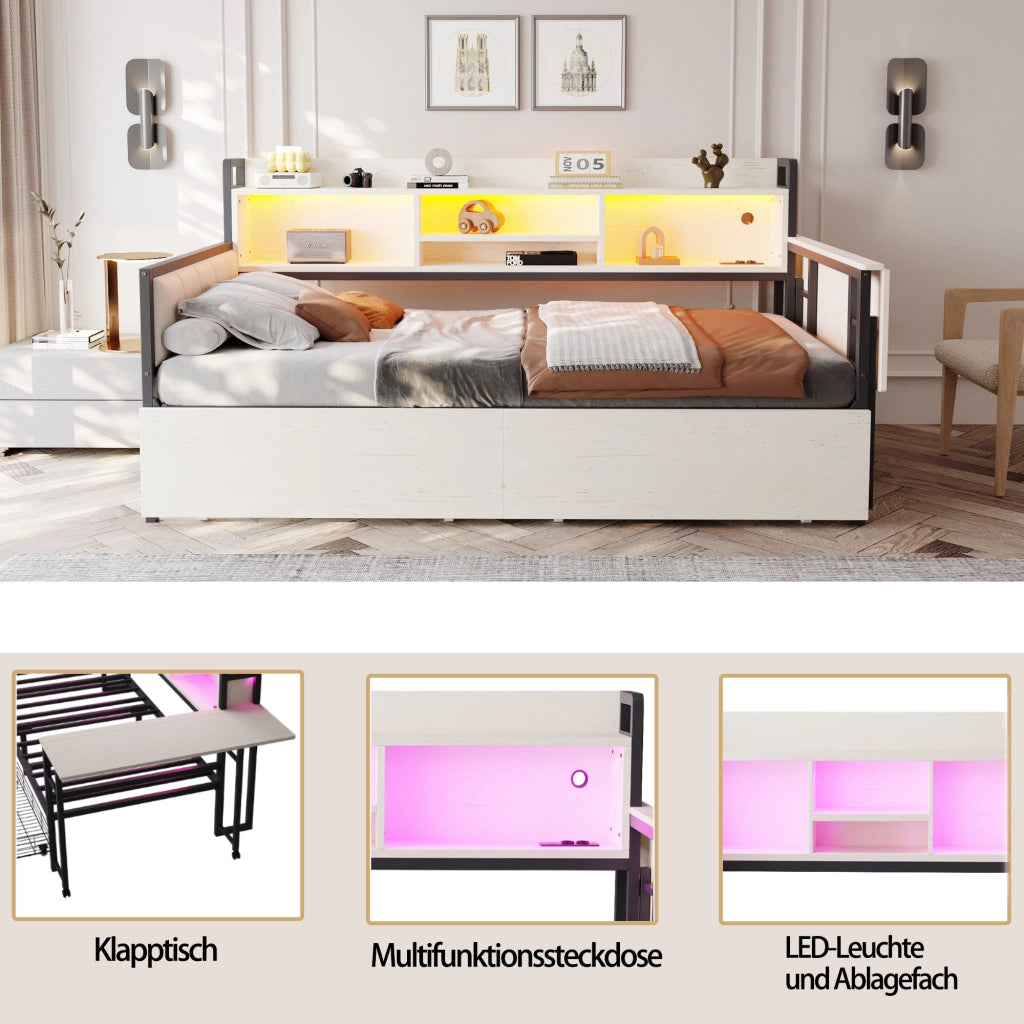OKWISH Letto a Divano 90×200 cm, Letto Singolo con 2 Cassetti, LED, USB, Tipo C e Scrivania Ribaltabile, senza Materasso, Metallo, Bianco