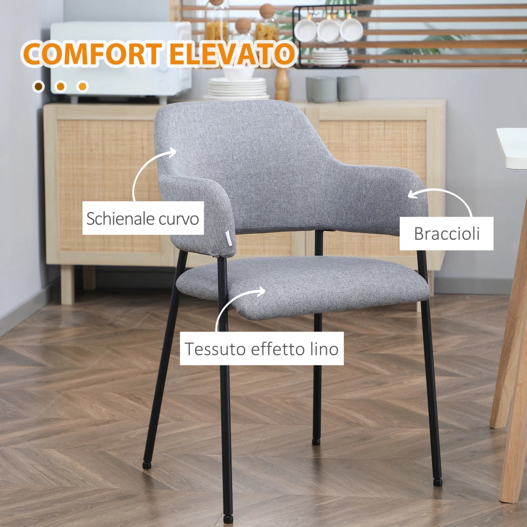 EASYCOMFORT  Set da 2 Sedie Imbottite Moderne in Tessuto con Braccioli e Gambe in Acciaio, 54x54x84cm, Grigio