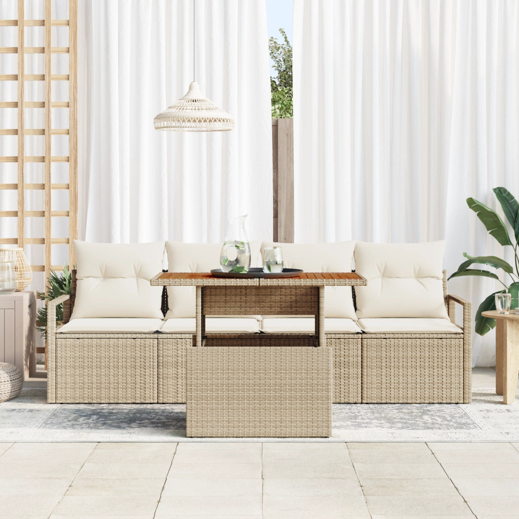 Set Divano da Giardino 5 Pezzi con Cuscini Beige Poly Rattan Acacia