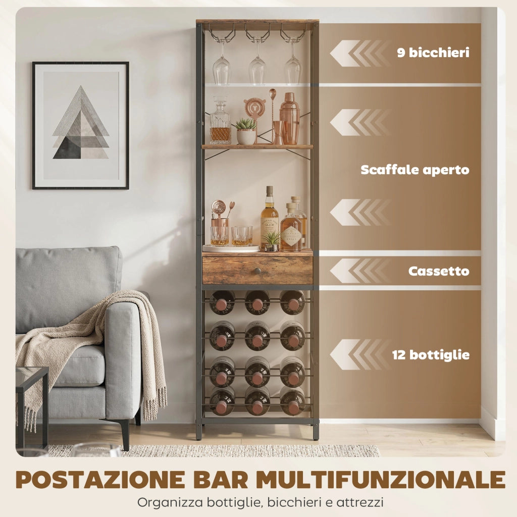 Mobile Bar Portabottiglie 40x30x148 cm Capacità 12 Bottiglie con Cassetto e Portabicchieri Struttura in Metallo Marrone