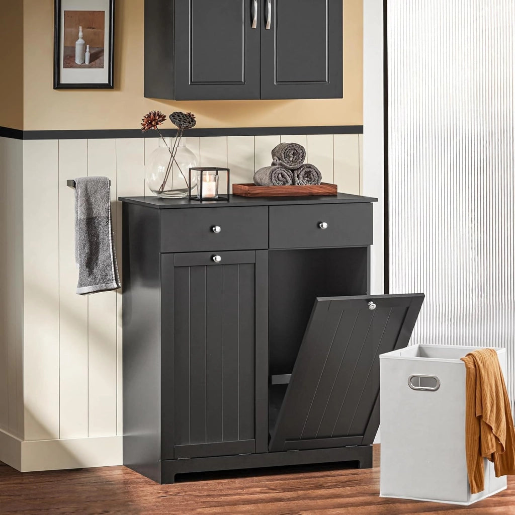 Mobile bagno con portabiancheria - Mobiletto bagno salvaspazio con 2 cassetti e 2 sacchi estraibili - Mobile lavanderia per ingresso o cucina in MDF, Nero, 78x38x90cm, BZR33-II-SCH