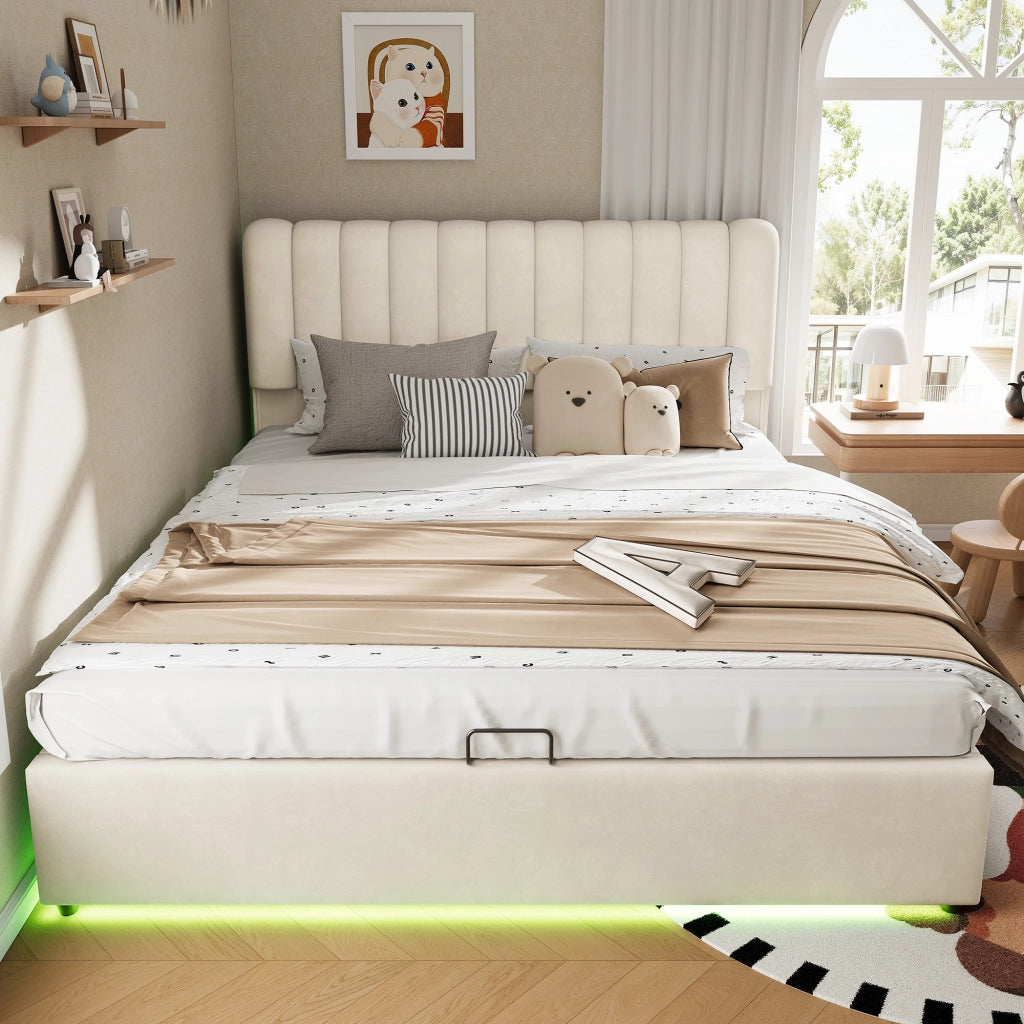 Letto con Cassetti 140x200 cm con Contenitore; 3 Cassetti e LED - in Velluto - Beige
