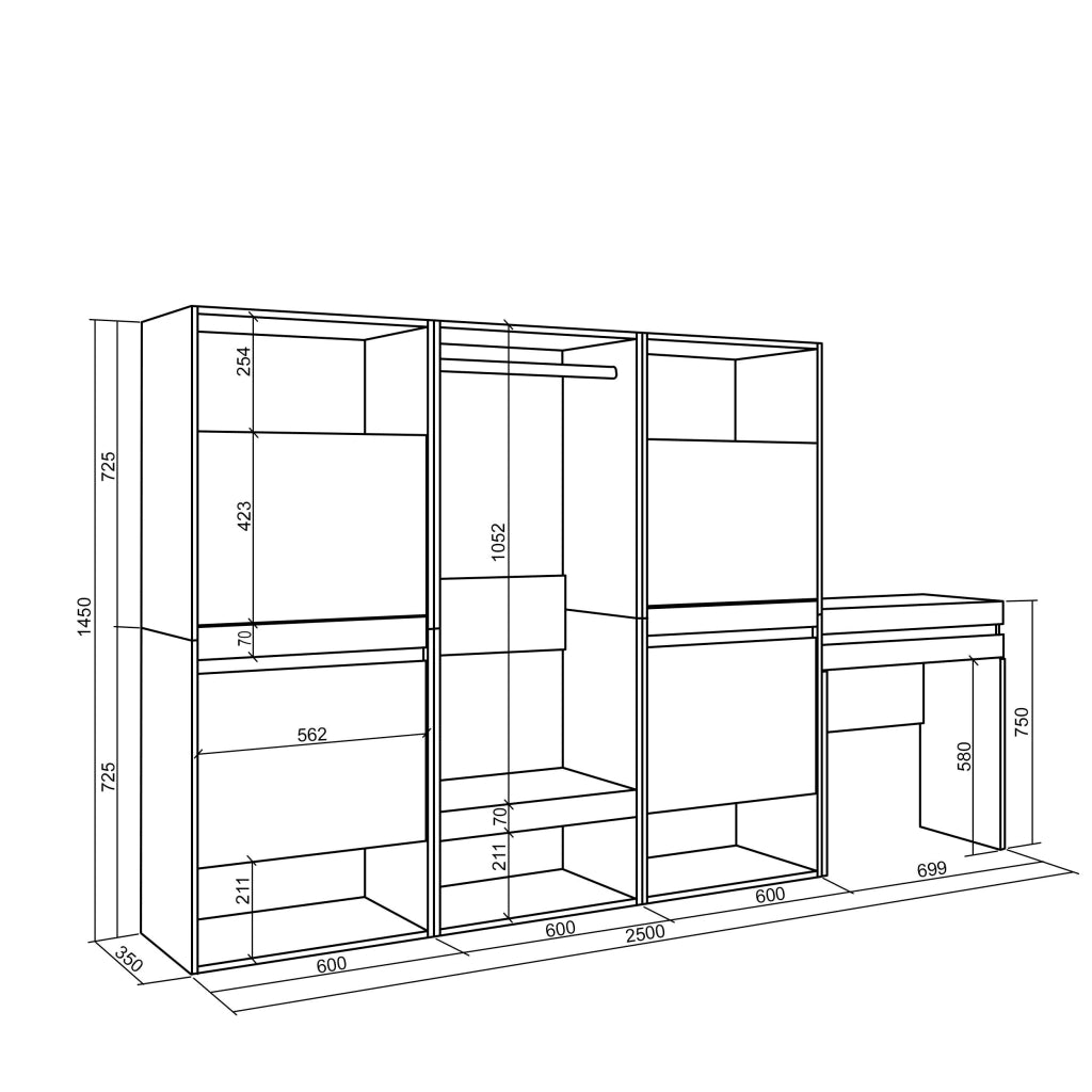 Scarpiera, 250x35x145cm, Camera da letto, Armadio Aperto, Tavolo da toeletta, colore Rovere RF3550