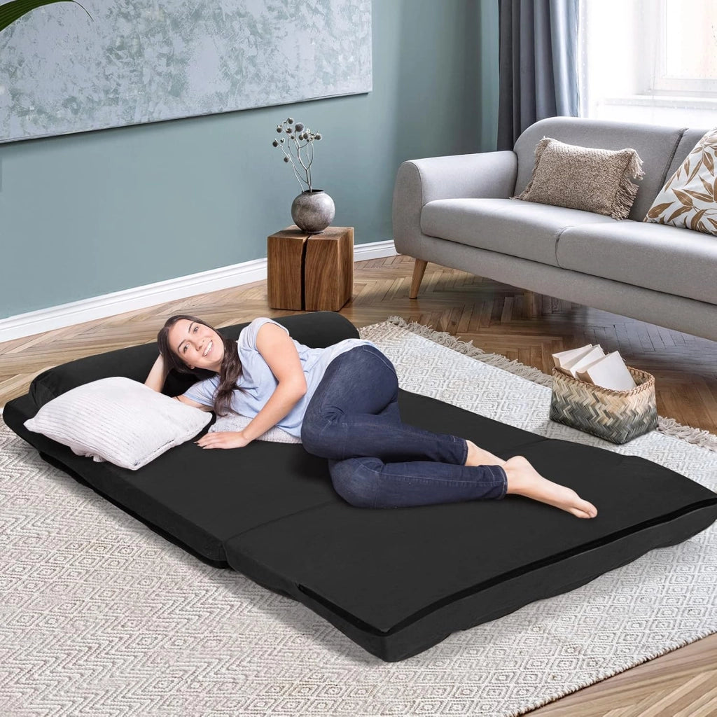 Divano Letto da Terra con 2 Cuscini, Divano Letto Pieghevole con Schienale Regolabile a 6 Livelli, Ideale per Camera da Letto e Soggiorno (Nero)