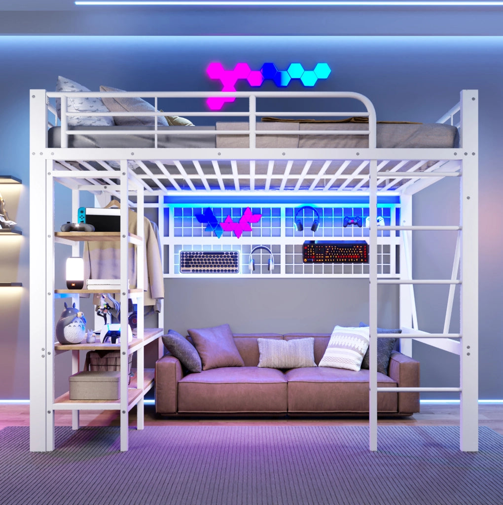 Letto a soppalco 204x145x180 cm con LED regolabile tramite app; metallo e MDF bianco