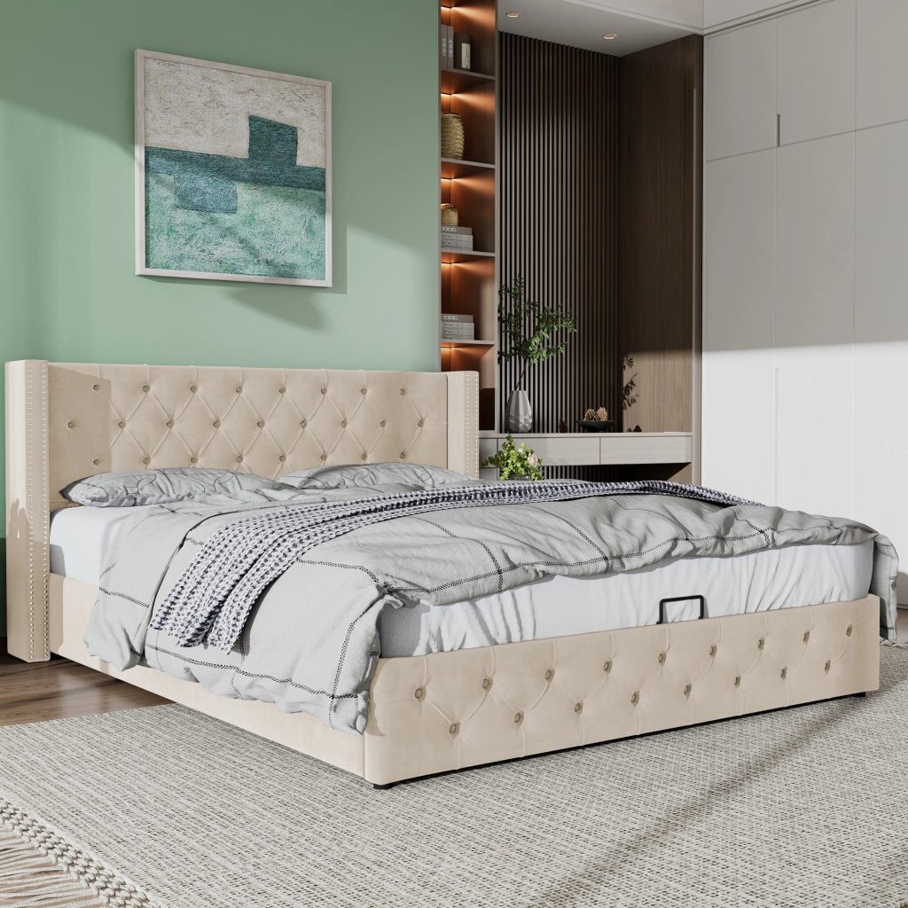 Letti contenitori 140x200 cm; contenitore idraulico; velluto; beige (Senza materasso)
