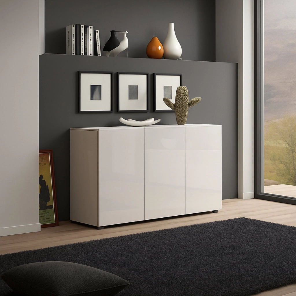 Credenza Amelyah, Buffet da soggiorno, Madia da salotto, Dispensa da cucina, Made in Italy, 135x38h79 cm, Bianco lucido