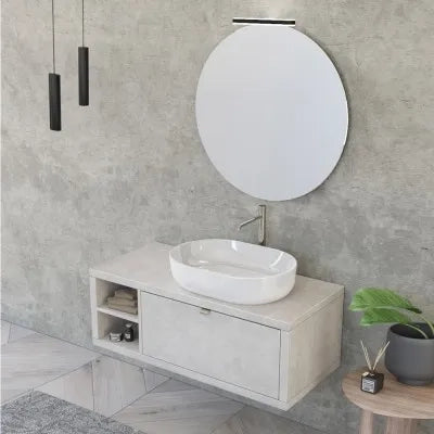 Mobile bagno sospeso 110 cm grigio chiaro con cassetto e vano a giorno completo di lavabo e specchio Master