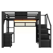 Letto a Soppalco 140x200 cm; Letto Matrimoniale - 3 Cassetti; LED; Scrivania - Nero