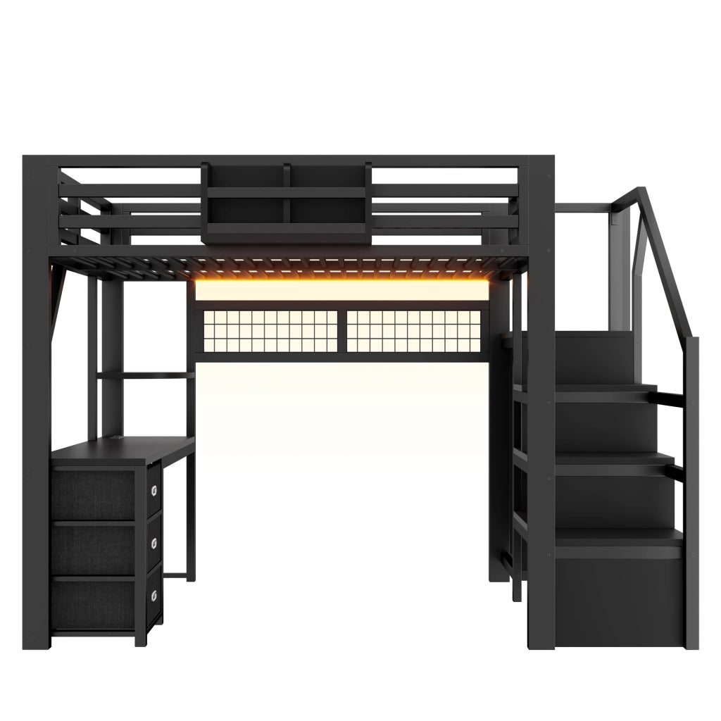 Letto a Soppalco 140x200 cm; Letto Matrimoniale - 3 Cassetti; LED; Scrivania - Nero