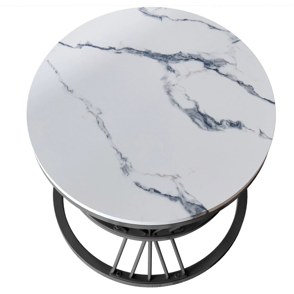 Tavolino da salotto rotondo 70x70x45 cm; set 2 pezzi sovrapponibile; tavolino salotto moderno con struttura in metallo nero e piano effetto marmo nero