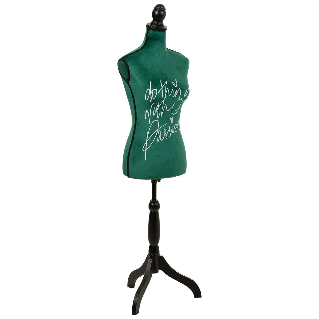 Manichino in legno e schiuma rivestito in tessuto verde 24x37,5x168h