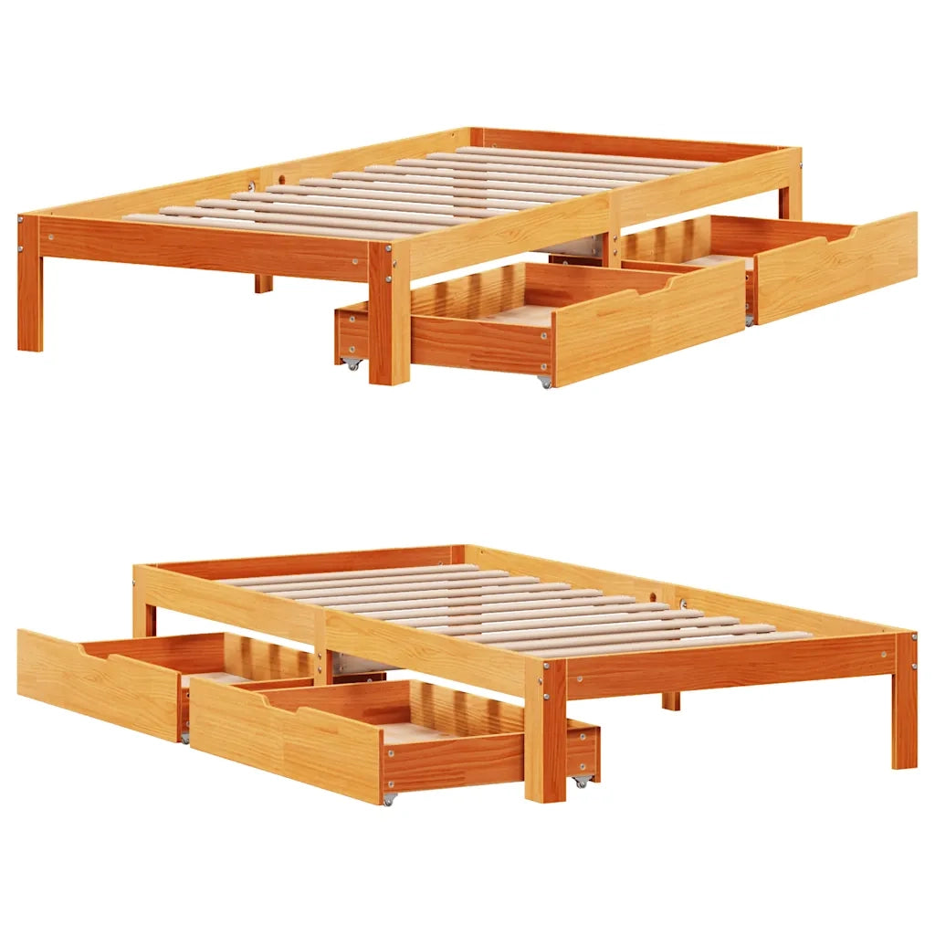 Giroletto Cassetti-Struttura Letto con contenitore Marrone Cera 75x190cm in Legno Massello Pino 231573