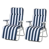 Sedia Sdraio per Esterni da 2 Pezzi Pieghevole e Reclinabile, Lettino Prendisole con Cuscino Imbottito, Blu e Bianco