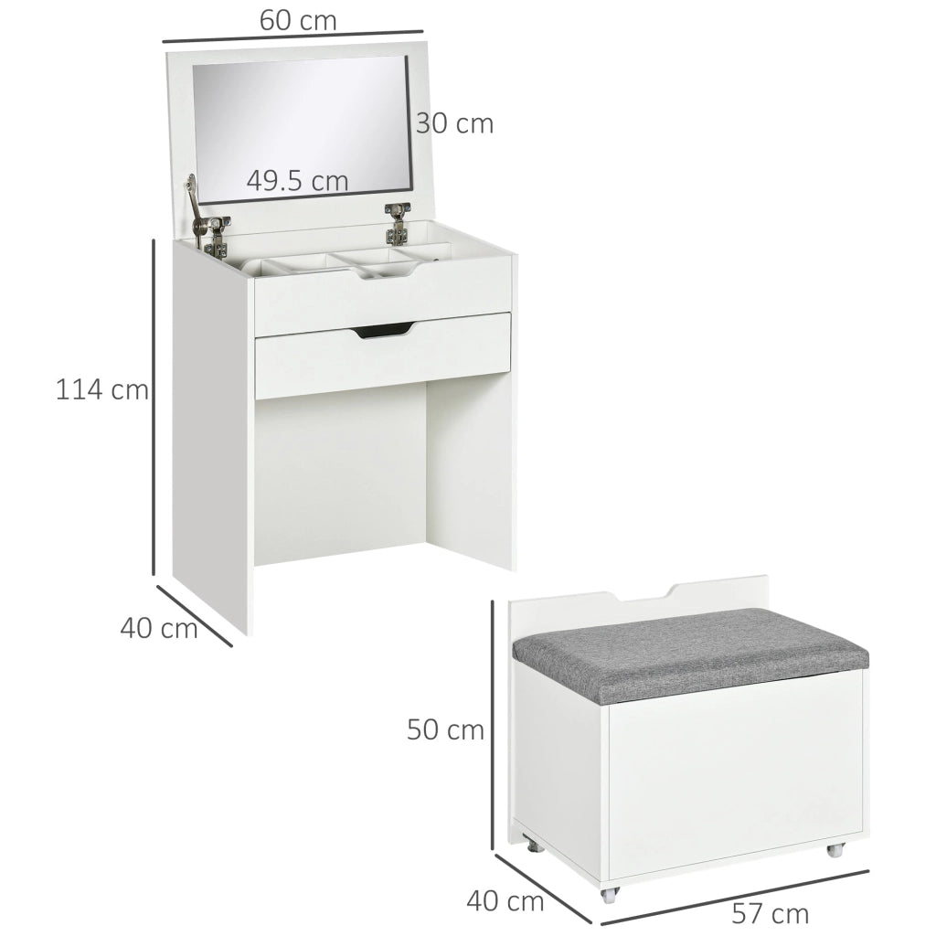 Consolle Trucco 60x40x114 cm con Specchio e Sgabello in Legno Bianco