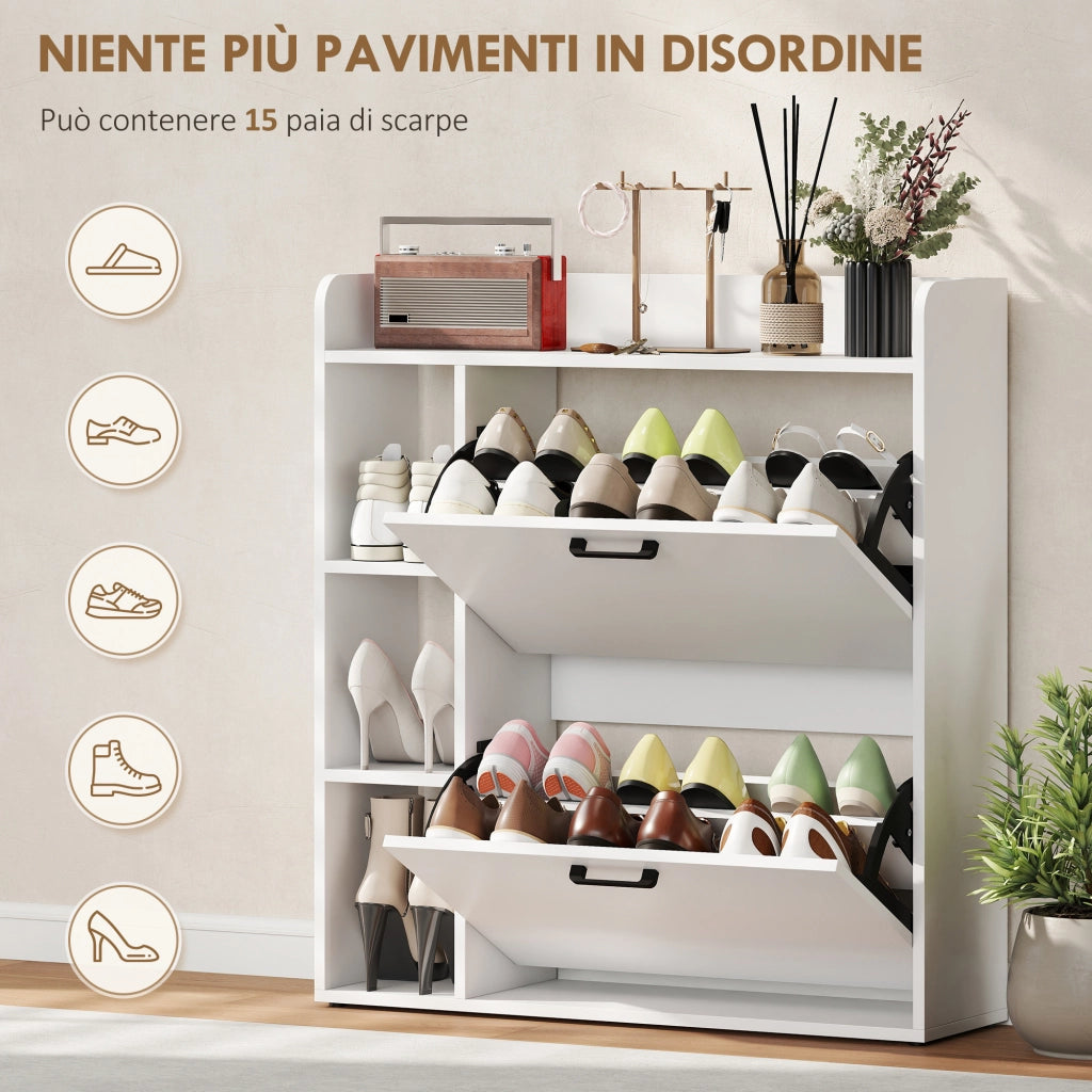 Scarpiera Slim 83x24x90.5 cm per 15 Scarpe con 2 Cassetti Ribaltabili e 3 Vani Aperti Bianco