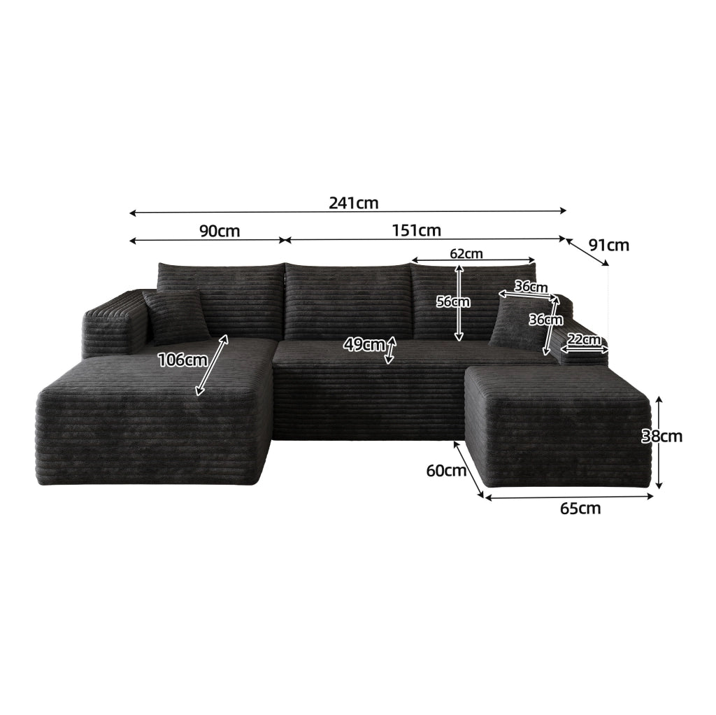 Divano angolare a L 241x151x58 cm in velluto a coste nero