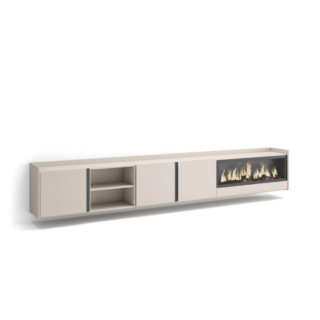 Mobile TV Soggiorno, 315x50x35 cm, Per TV fino a 80", Camino elettrico XXL, Sospeso, da appendere, Beige