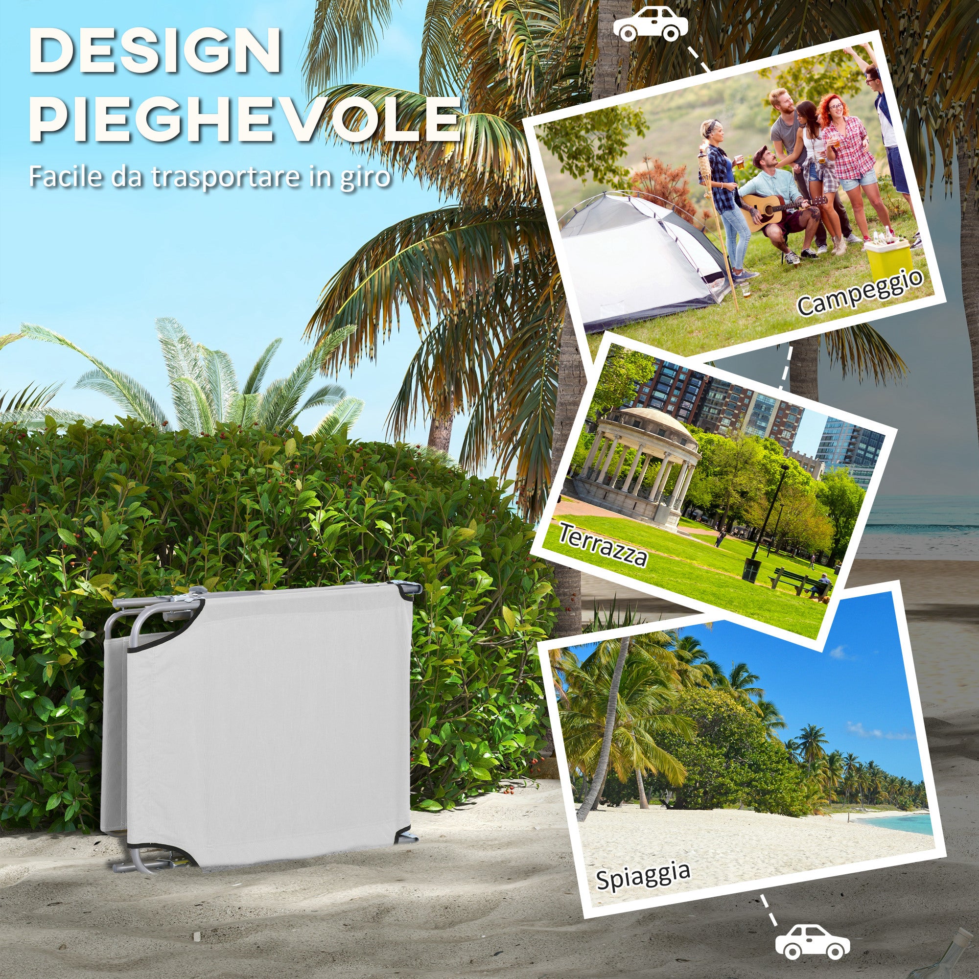 Set 2 Sdraio da Giardino 187x58x36 cm Pieghevoli con Tettuccio Regolabile in Tessuto Oxford e Metallo Grigio Chiaro