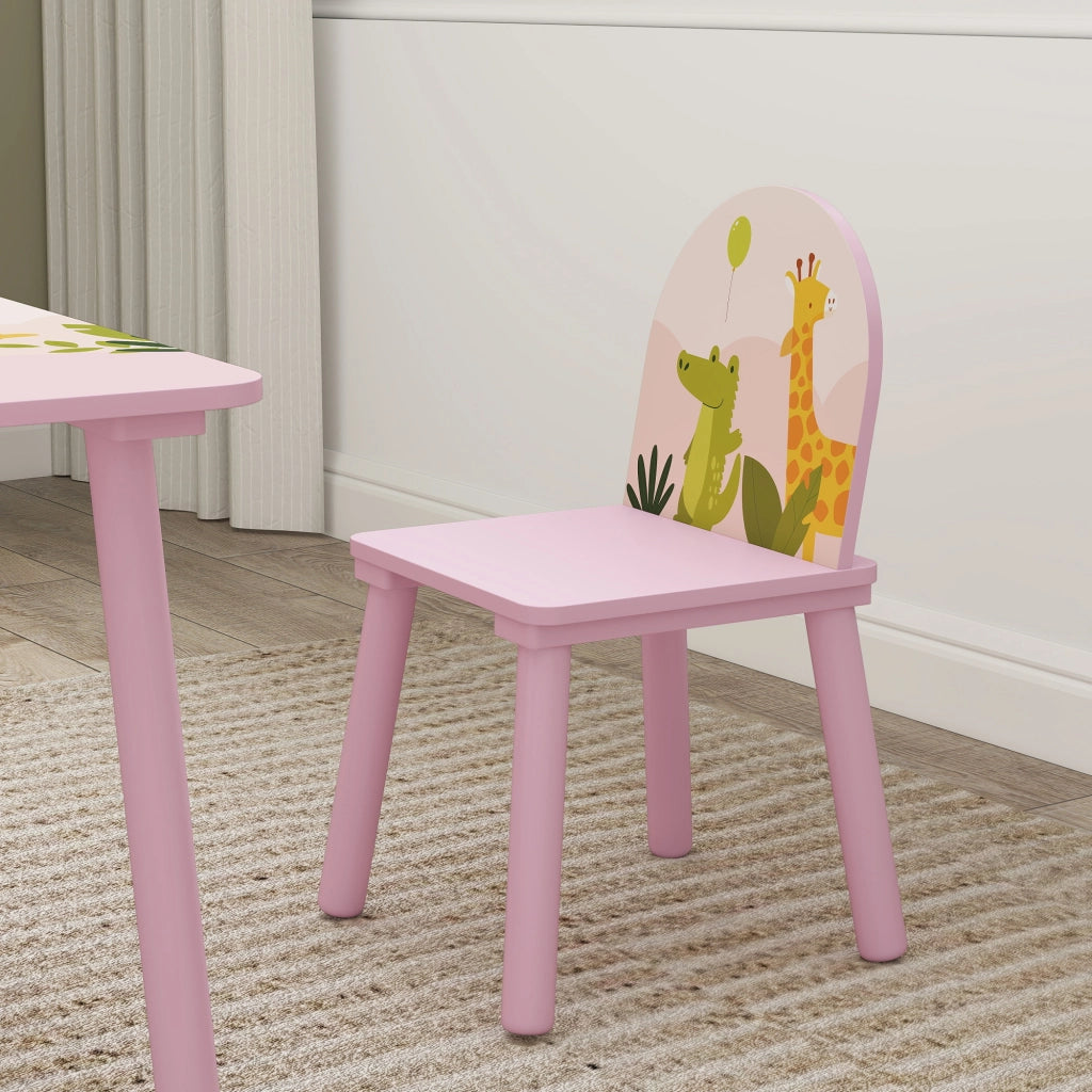 Set Tavolo e Sedie per Bambini 3-8 Anni Disegni di Animali e Bordi Arrotondati in MDF e Legno di Pino Rosa